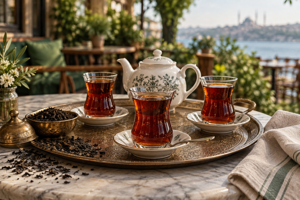 Kafe masasında demlik, tepsi ve ince belli bardaklarla siyah çay servisi
