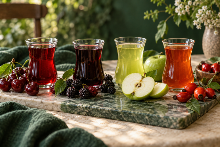 Vişne, karadut, elma ve kuşburnu aromaları için dört içecek sunumu