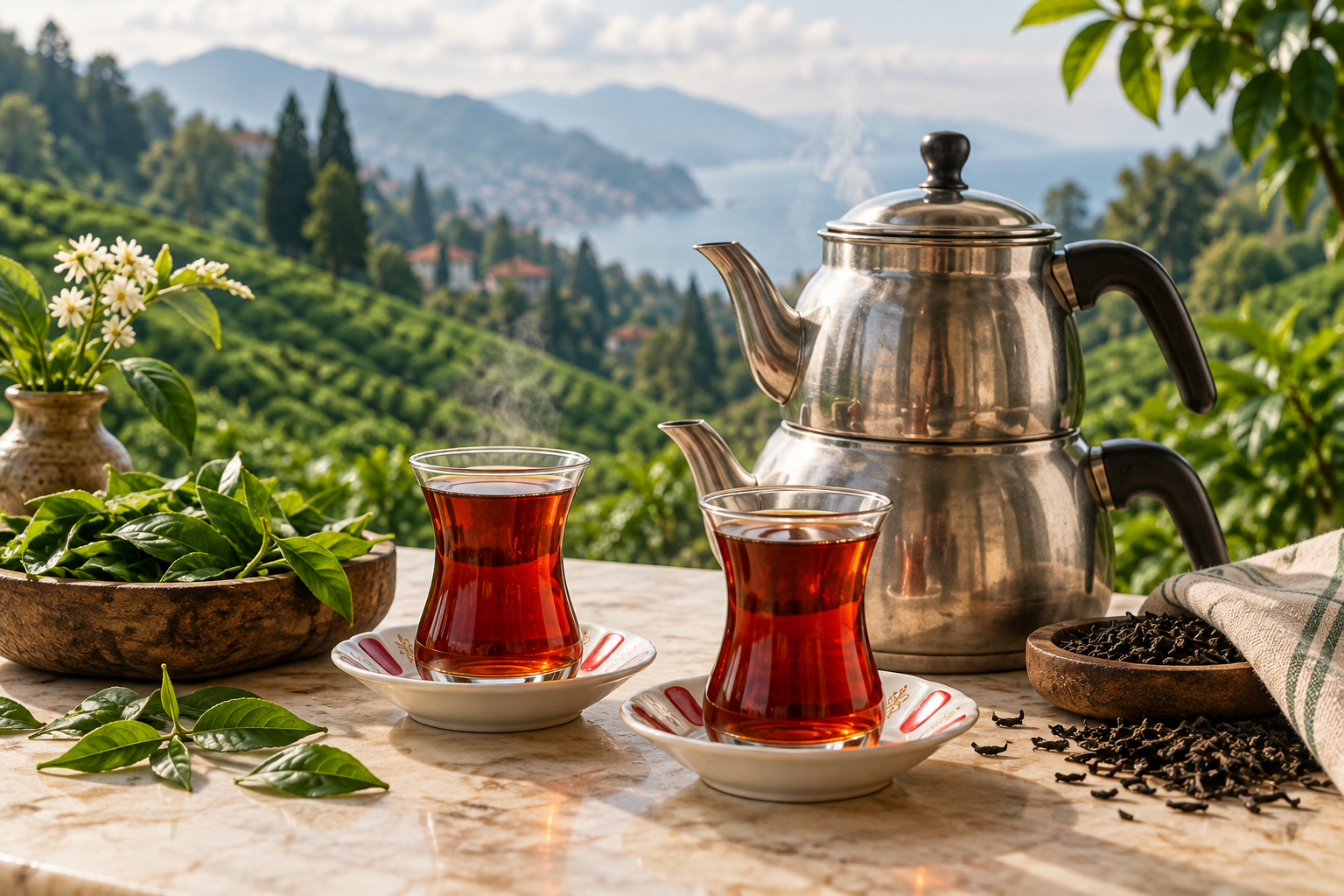 Çay bahçesi manzarasında demlik ve iki bardak siyah çay